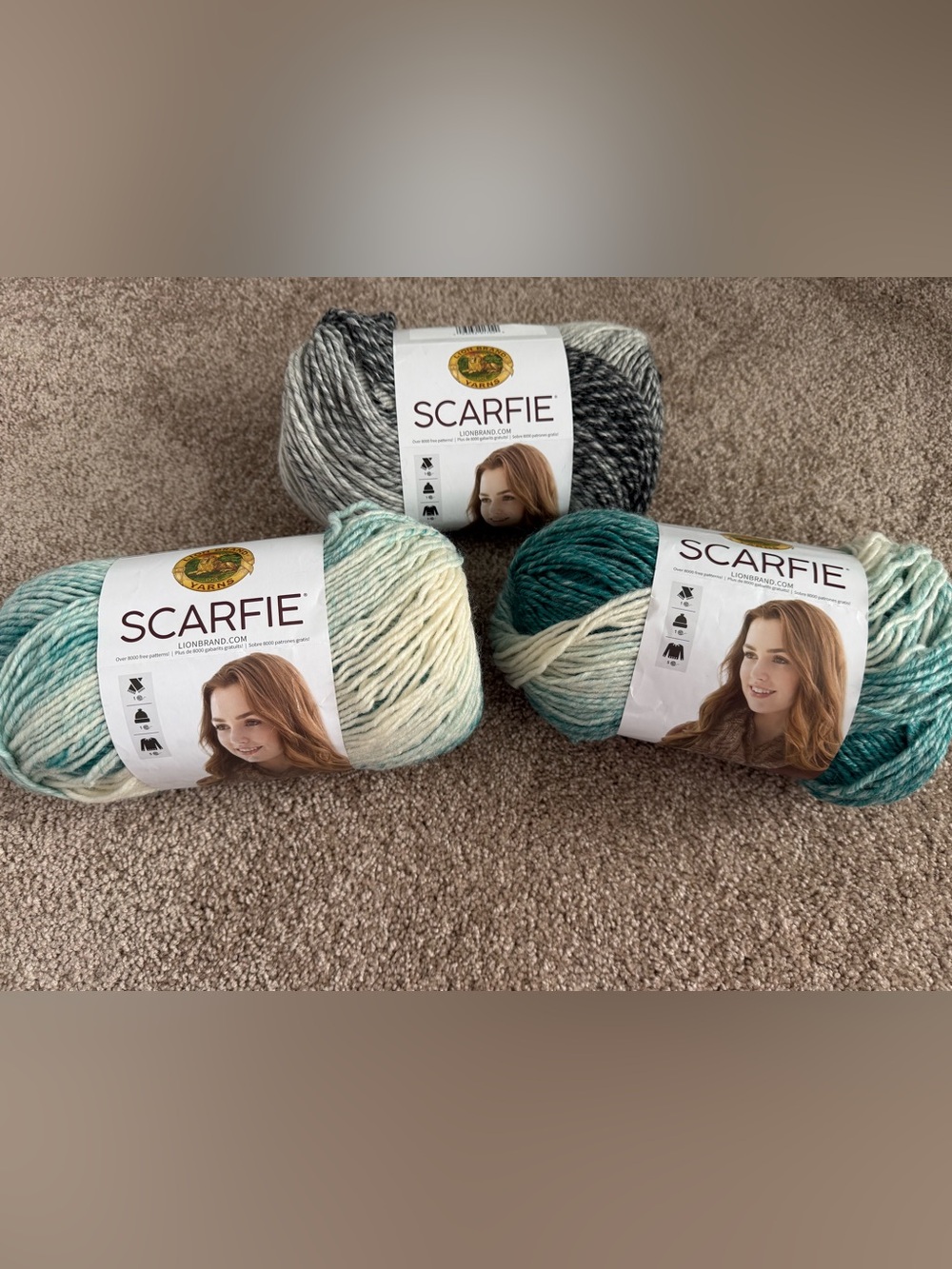 Lion Brand Scarfie Variegated Yarn Trio in Teal, Aqua/Cream, and Gray